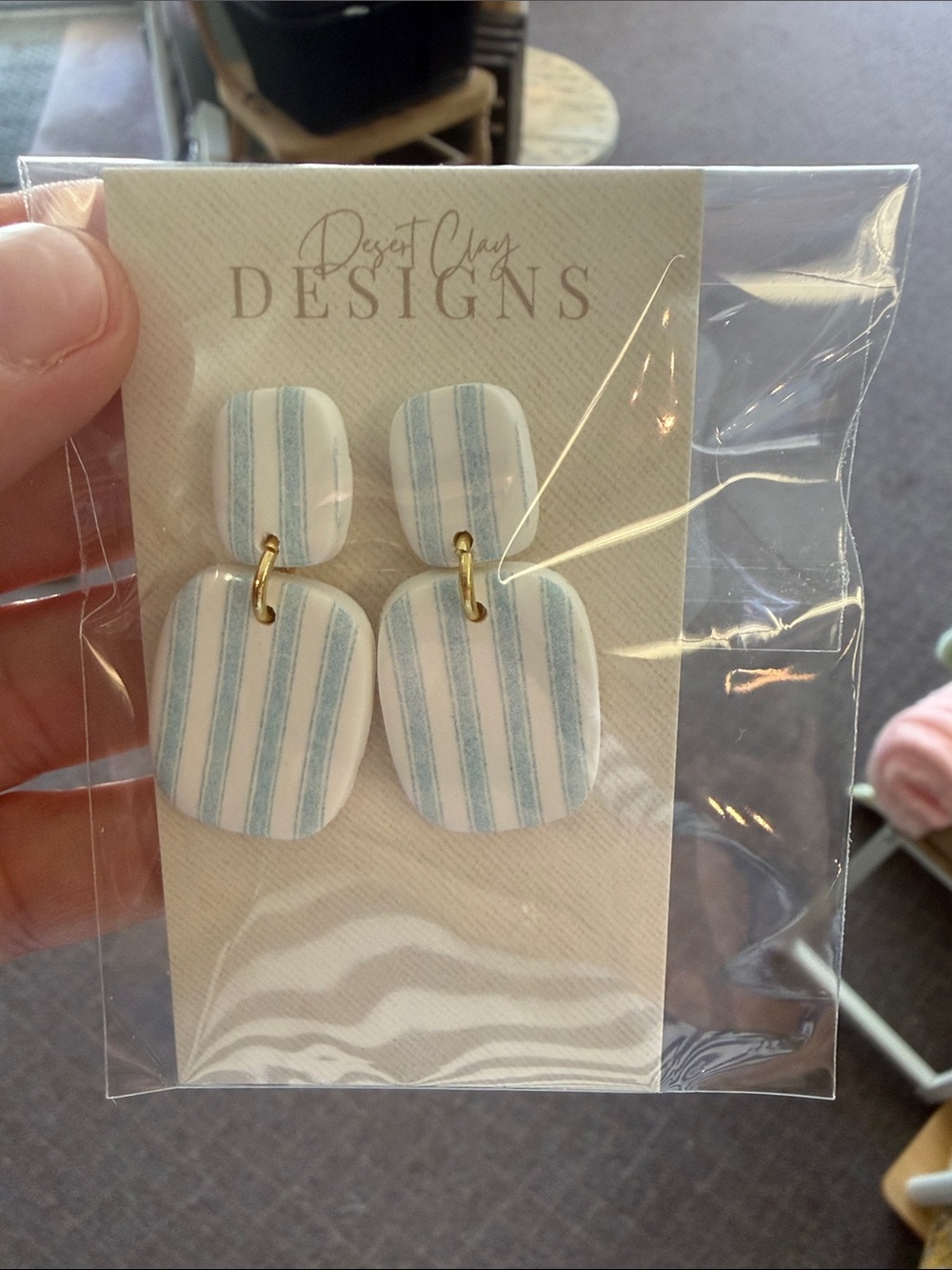 White & Light Blue Striped Drop Earrings